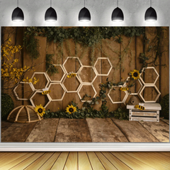 Boho Bee Sunflower Backdrop Rustic Branch Wooden Background Photography