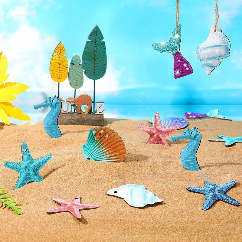 30pcs Summer Marine Themed Wooden Decorations Assorted Shells Starfish Beach