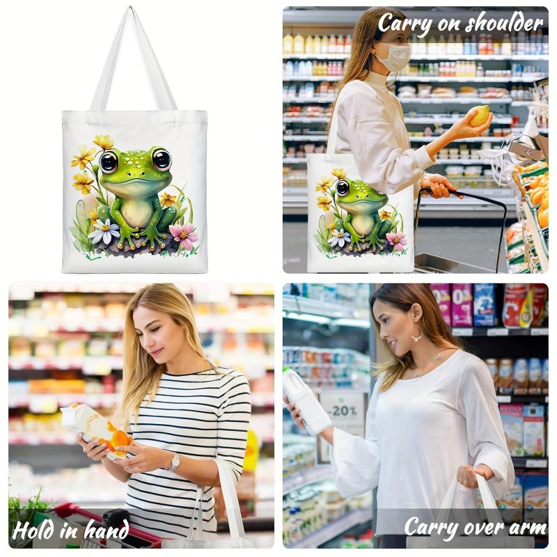 Frog Pattern Canvas Tote Bag Women's Anime Shoulder Bag