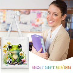 Frog Pattern Canvas Tote Bag Women's Anime Shoulder Bag