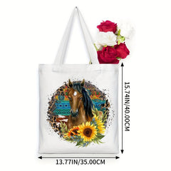 Horse & Sunflower Canvas Tote Bag Women's Anime Shoulder Handbag