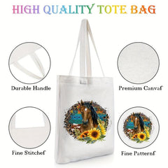 Horse & Sunflower Canvas Tote Bag Women's Anime Shoulder Handbag