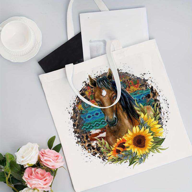 Horse & Sunflower Canvas Tote Bag Women's Anime Shoulder Handbag