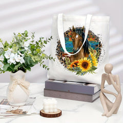 Horse & Sunflower Canvas Tote Bag Women's Anime Shoulder Handbag