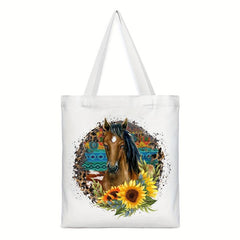 Horse & Sunflower Canvas Tote Bag Women's Anime Shoulder Handbag
