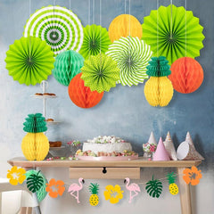 15pcs Tropical Hawaiian Party Decorations - Flamingo Paper Fan Honeycomb Ball