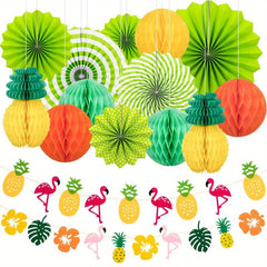 15pcs Tropical Hawaiian Party Decorations - Flamingo Paper Fan Honeycomb Ball