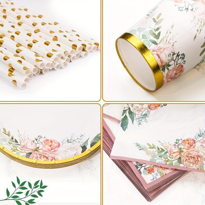 125pcs Pink Golden Flower Tableware Set Disposable Plates Cups Straws Napkins