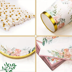 125pcs Pink Golden Flower Tableware Set Disposable Plates Cups Straws Napkins