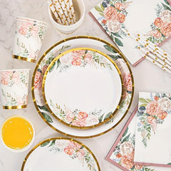 125pcs Pink Golden Flower Tableware Set Disposable Plates Cups Straws Napkins