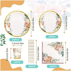125pcs Pink Golden Flower Tableware Set Disposable Plates Cups Straws Napkins