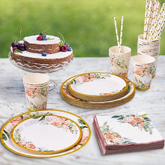 125pcs Pink Golden Flower Tableware Set Disposable Plates Cups Straws Napkins