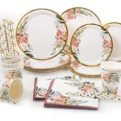125pcs Pink Golden Flower Tableware Set Disposable Plates Cups Straws Napkins