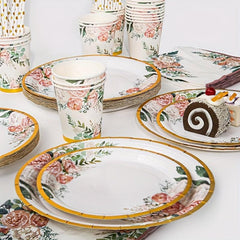 125pcs Pink Golden Flower Tableware Set Disposable Plates Cups Straws Napkins