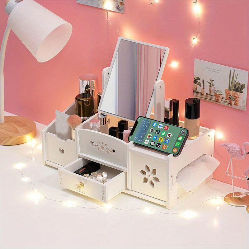 Cosmetic Storage Box w/ Mirror & Drawer for Makeup Org