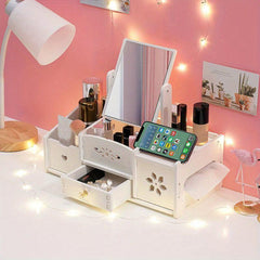 Cosmetic Storage Box w/ Mirror & Drawer for Makeup Org