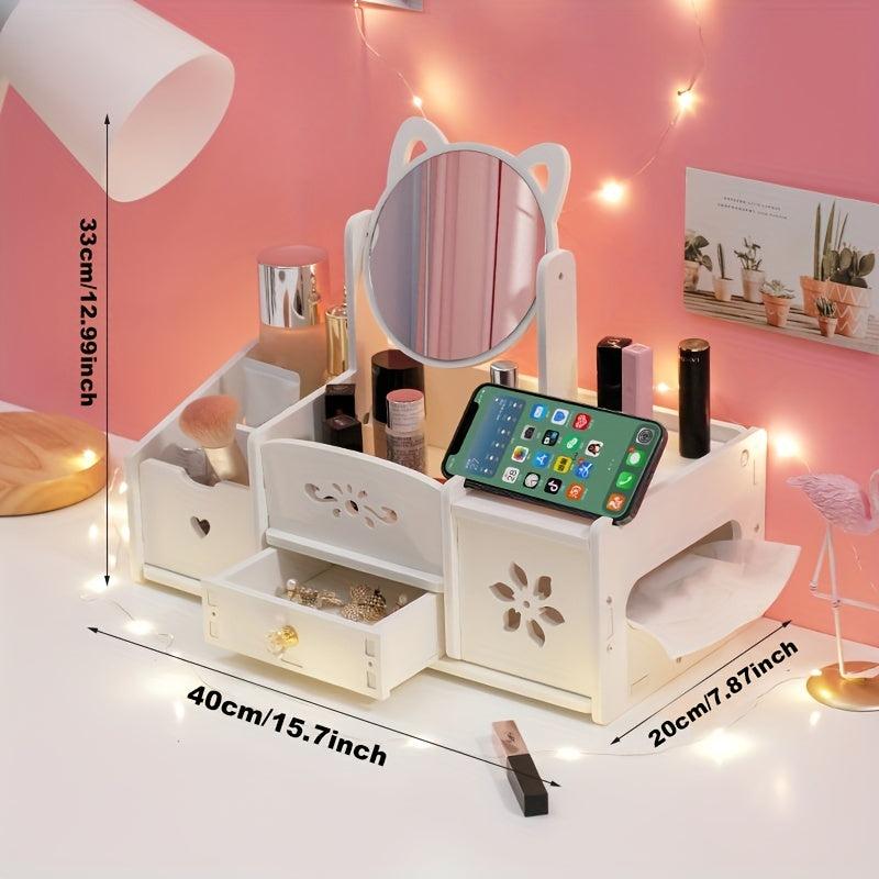 Cosmetic Storage Box w/ Mirror & Drawer for Makeup Org
