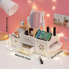 Cosmetic Storage Box w/ Mirror & Drawer for Makeup Org