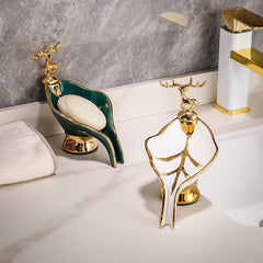 Leaf Shaped Soap Box With Deer Decoration Self Draining Soap Dish