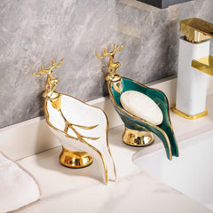 Leaf Shaped Soap Box With Deer Decoration Self Draining Soap Dish