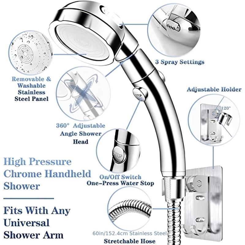 High Pressure Handheld Shower Head with 3 Spray Settings