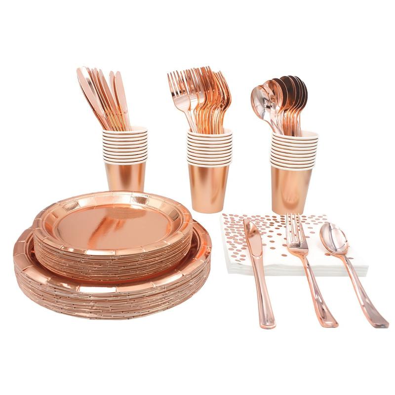 Rose Golden Party Set Disposable Tableware Set Paper Plates Paper Cups Paper