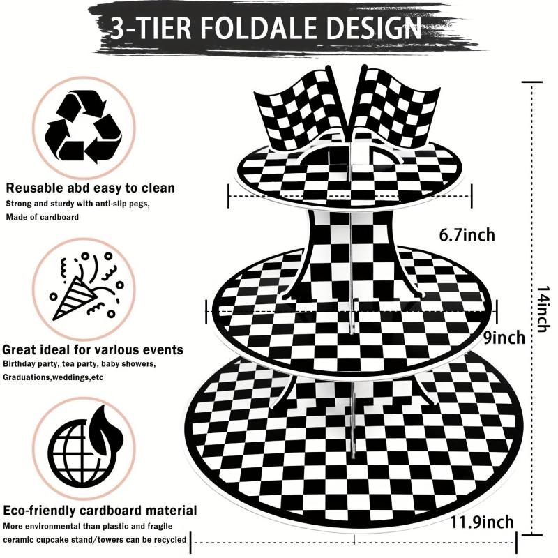 Racing Car Theme 3 Tier Cupcake Stand For 8-12 Cupcakes - Checkered Party Decor