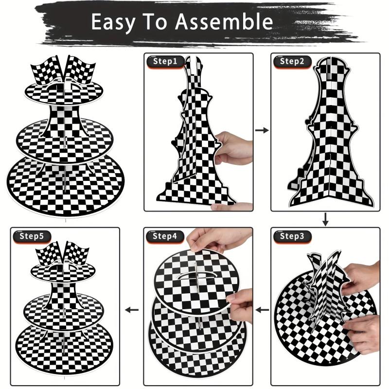 Racing Car Theme 3 Tier Cupcake Stand For 8-12 Cupcakes - Checkered Party Decor