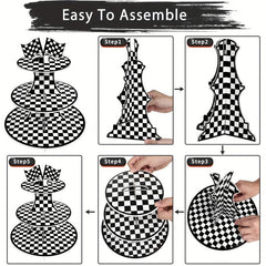 Racing Car Theme 3 Tier Cupcake Stand For 8-12 Cupcakes - Checkered Party Decor