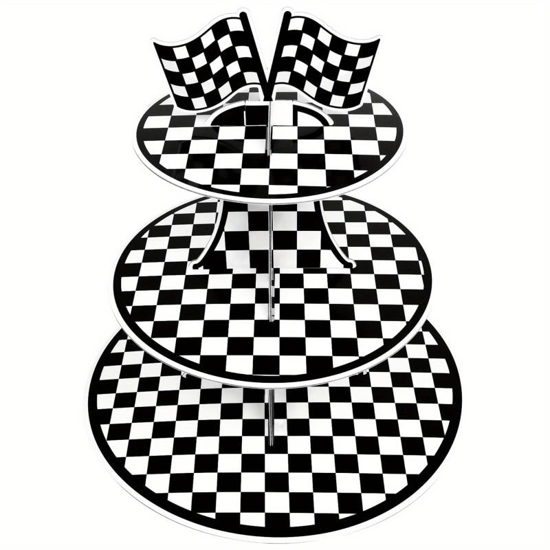 Racing Car Theme 3 Tier Cupcake Stand For 8-12 Cupcakes - Checkered Party Decor