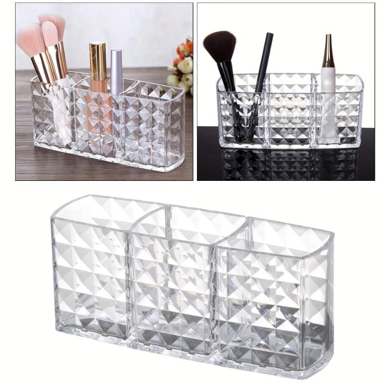 Acrylic Makeup Brush Holder 3 Compartments Cosmetic Storage