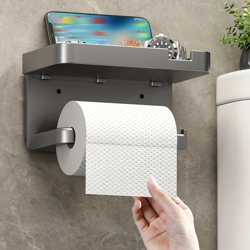 Toilet Roll Holder with Shelf Bathroom Mobile Phone Storage Rack Wall Mounted