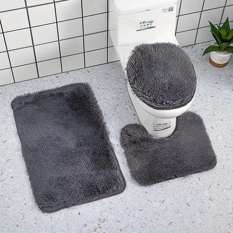 3pc Plush Bathroom Mats Set Non Slip Bathroom Rug Toilet U Shape Mat Toilet Lid