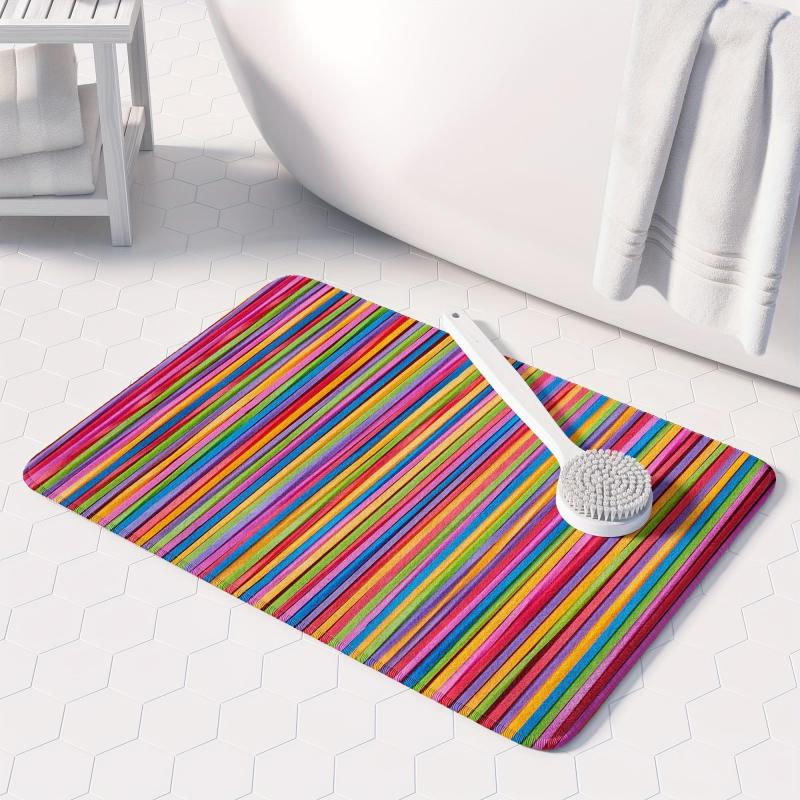 Colorful Line Non-slip Bath Rug Machine Washable Absorbent