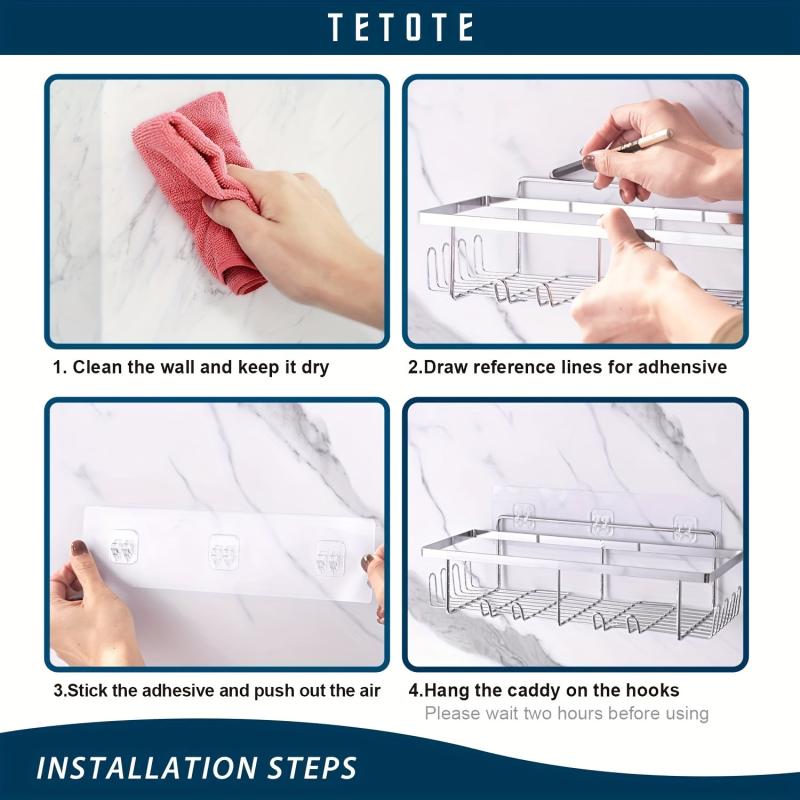 Adhesive Shower Caddy Wall Mounted Bathroom Storage Rack Shower Shelf with Hooks