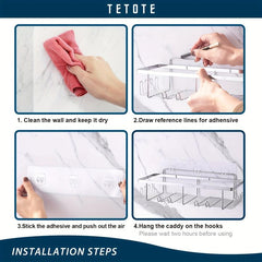 Adhesive Shower Caddy Wall Mounted Bathroom Storage Rack Shower Shelf with Hooks
