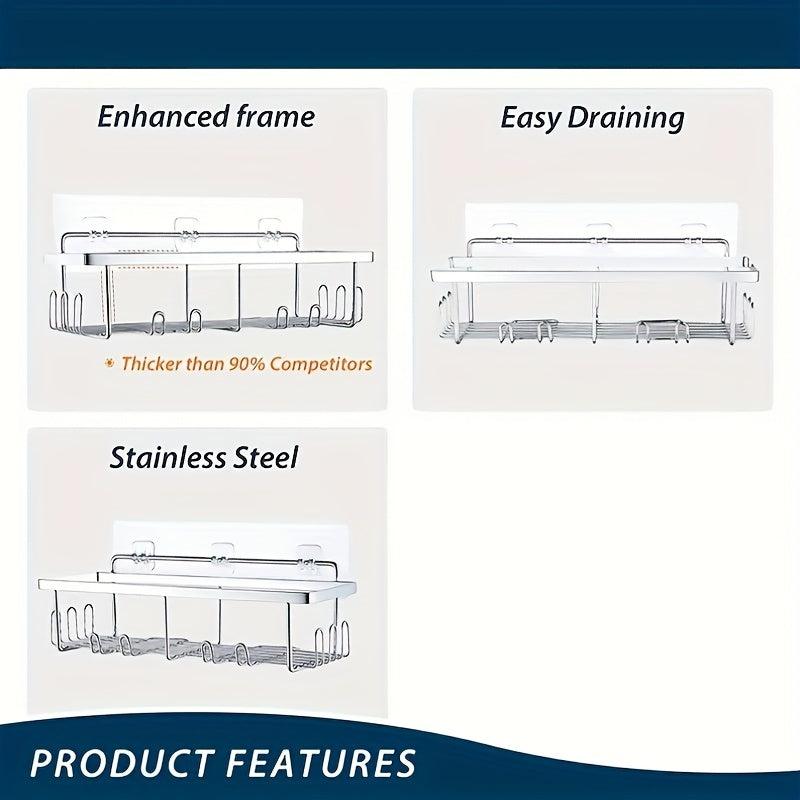 Adhesive Shower Caddy Wall Mounted Bathroom Storage Rack Shower Shelf with Hooks