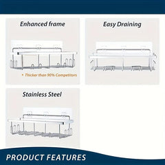Adhesive Shower Caddy Wall Mounted Bathroom Storage Rack Shower Shelf with Hooks