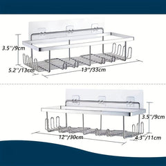 Adhesive Shower Caddy Wall Mounted Bathroom Storage Rack Shower Shelf with Hooks