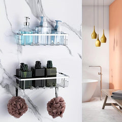 Adhesive Shower Caddy Wall Mounted Bathroom Storage Rack Shower Shelf with Hooks