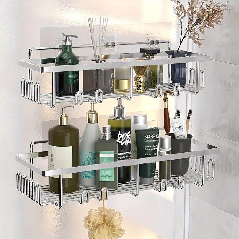 Adhesive Shower Caddy Wall Mounted Bathroom Storage Rack Shower Shelf with Hooks