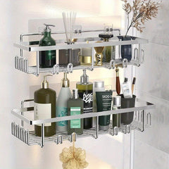 Adhesive Shower Caddy Wall Mounted Bathroom Storage Rack Shower Shelf with Hooks