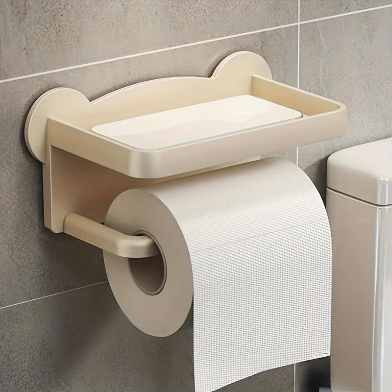 Toilet Roll Holder with Bear Pattern Shelf Wall Mounted Storage Rack