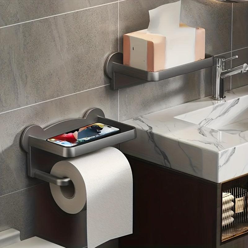 Toilet Roll Holder with Bear Pattern Shelf Wall Mounted Storage Rack