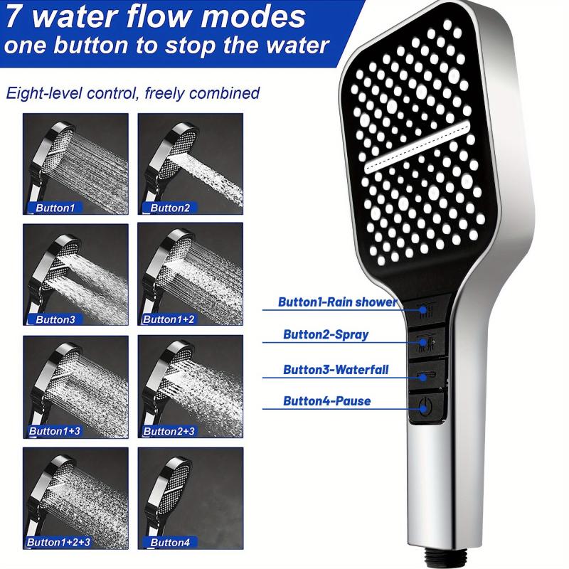 High Pressure Handheld Shower Head with 8 Modes - Water Saving Square Showerhead
