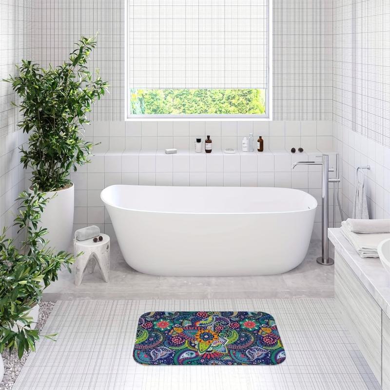 Boho Bath Rug Paisley Floral Pattern Non Slip Bath Mat