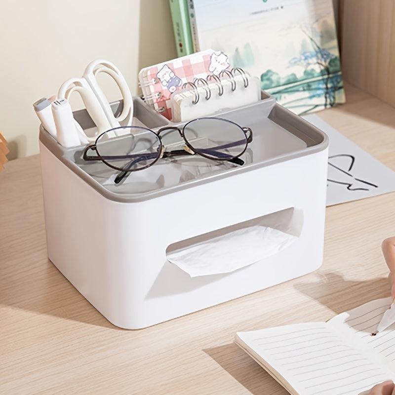 Desktop Tissue Box with Storage Drawer and Pen Holder