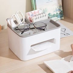 Desktop Tissue Box with Storage Drawer and Pen Holder