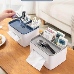 Desktop Tissue Box with Storage Drawer and Pen Holder