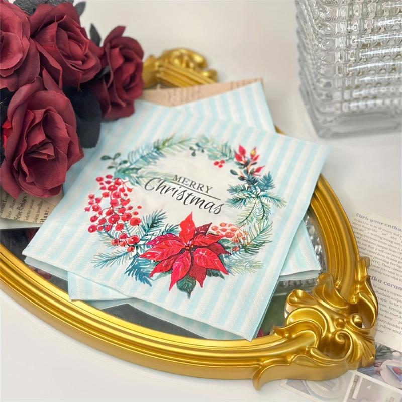 20pcs Christmas Wreath Paper Napkins Xmas Party Decor Home